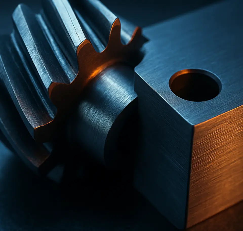 Nahaufnahme eines metallischen Zahnrads und eines Metallblocks mit kreisförmigem Loch, beide beleuchtet von blauem und orangefarbenem Licht, das ihre glatten, bearbeiteten Oberflächen und präzisen Kanten hervorhebt.