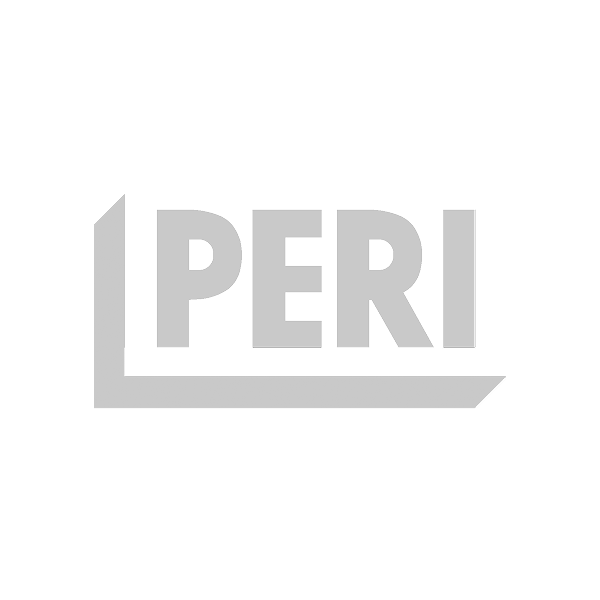 Graues Logo auf weißem Hintergrund mit dem Wort PERI in fetten Großbuchstaben und einer dicken, L-förmigen Linie, die den Text links und unten einrahmt.