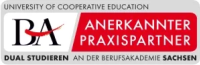 Logo der Berufsakademie mit Text: BA Anerkannter Praxispartner. Duales Studium an der Berufsakademie Sachsen auf grauem und rotem Hintergrund.