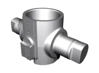 Ein 3D-gerendertes metallisches Rohrverbindungsstück mit zylindrischen und sechseckigen Elementen, das für die Verbindung mehrerer Rohre oder Komponenten gedacht ist, dargestellt auf einem schwarzen Hintergrund.