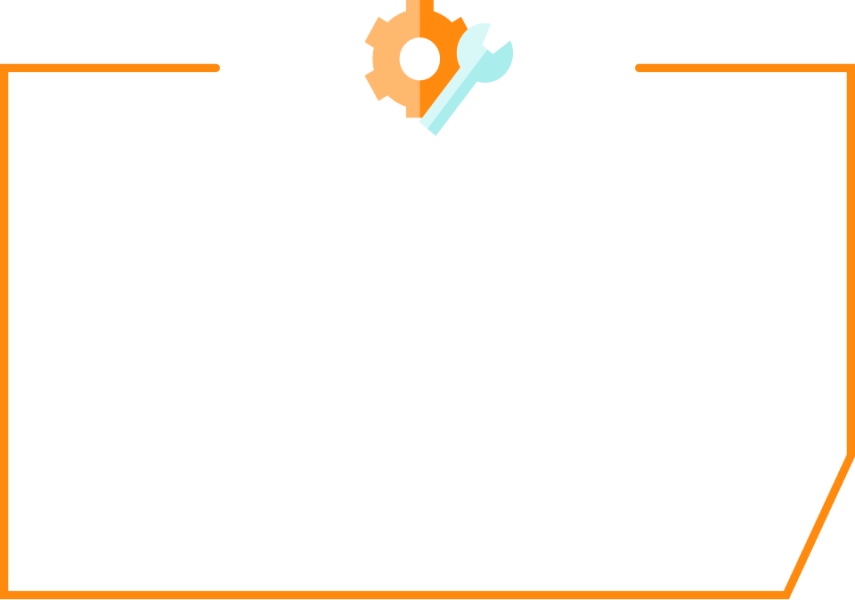 Eine minimalistische Grafik mit einem orangefarbenen Zahnrad und einem hellblauen Schraubenschlüssel in der oberen Mitte, umrandet von zwei orangefarbenen Linien, die ein unvollständiges Rechteck auf hellgrauem Hintergrund bilden.