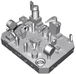 3D-gerendertes Bild einer Präzisions-Metallprüfvorrichtung mit verschiedenen Klemmen, Zylindern und Fixierstiften auf einer rechteckigen Grundplatte, die zum Halten und Prüfen von Teilen in der Fertigung verwendet wird.